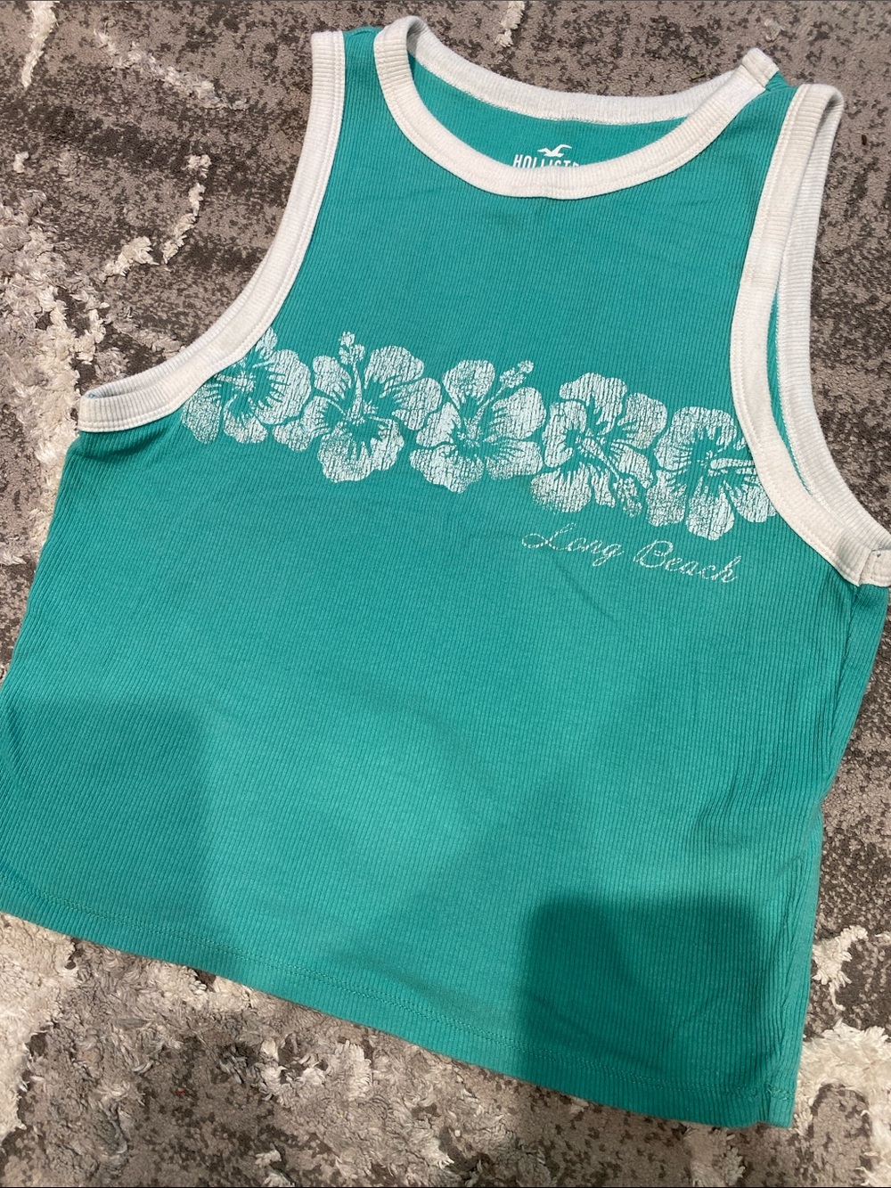 Hollister Teal Ribbed Crop Tank with White Floral Trim